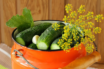 Pickling cucumbers and spices in cans.