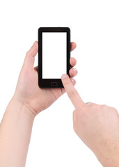 Hand holds cell phone with clipping path.