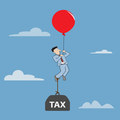 Businessman flying  by using balloon with burden tax
