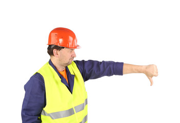 Worker in hard hat with hand thumb down.