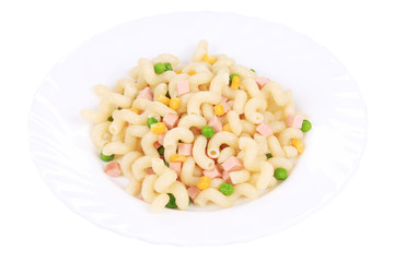 Close up of pasta cavatappi with vegetables.