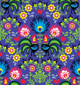 Seamless Polish folk art pattern with roosters - Wzory Lowickie