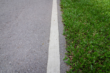 asphalt road with strip line and green grass