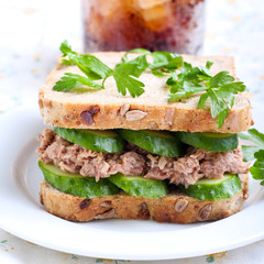 Tuna and cucumber sandwich on plate