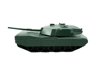 Isolated photo of plastic green colored armored military army tank vehicle on white background.