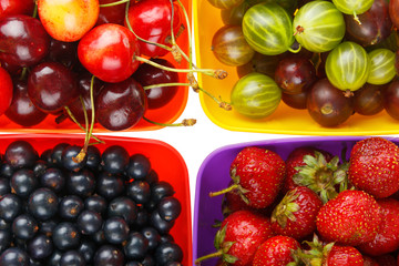 colored berries in bowls and white background