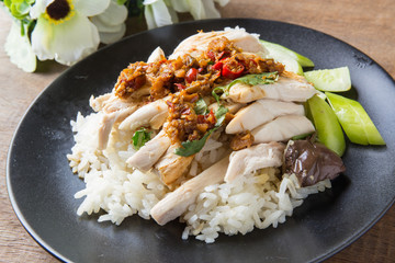 boned, sliced Hainan-style chicken with marinated rice