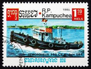 Postage stamp Cambodia 1985 Tugboat, US