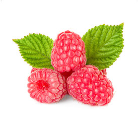 Raspberries with leaves isolated on white background