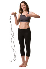 A woman with the skipping-rope showing a hand sign good.