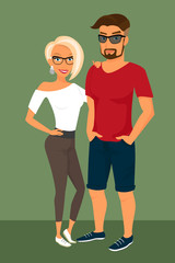 Hipster guy and his blond pretty girlfriend wearing glasses