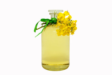 glass bottle of rape seed oil with rape flowers