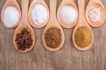 Various type of sugar on wooden spoon
