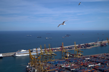 Schiffe vorm Hafen Barcelona mit Möwe
