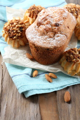 Tasty cakes on table close-up