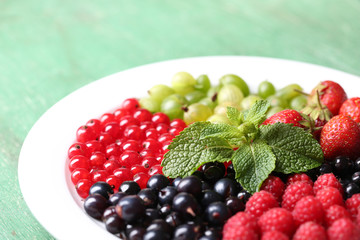 Forest berries on plate, on color wooden background