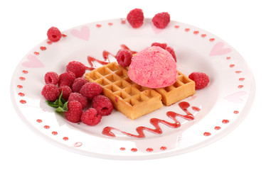 Tasty belgian waffles with ice cream, isolated on white