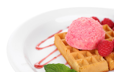 Tasty belgian waffles with ice cream, isolated on white