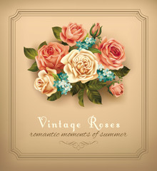 Vintage card with bouquet of roses. Vector