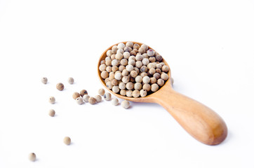 Allspice peppercorns in wooden spoon