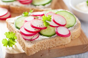 healthy sandwich with radish cucumber and cream cheese