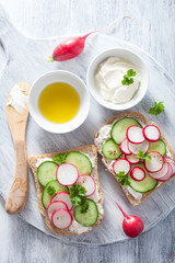 healthy sandwich with radish cucumber and cream cheese