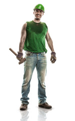 Young dirty Worker Man With Hard Hat helmet  .holding a hammer