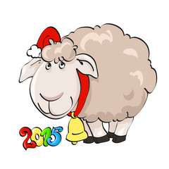Symbol of year 2015. Lovely lamb in Santa's cap with hand bell