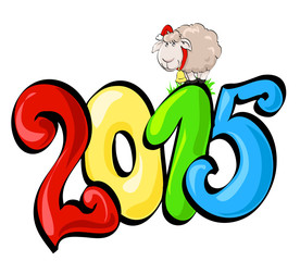 Symbol of year 2015. Lovely lamb in Santa's cap with hand bell