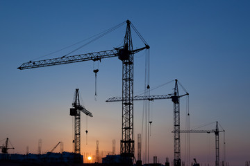 Silhouettes of construction cranes