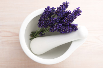 Lavender flowers in a mortar