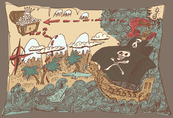 Naklejka na ściany i meble Island Treasure Map (pirate map), engraved illustration