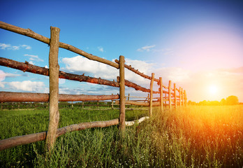 Fence in the green field under blue cloud sky © i_tkach