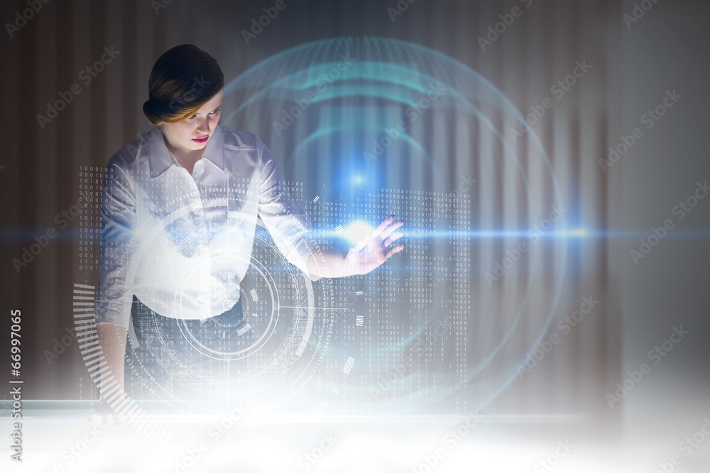 Poster composite image of redhead businesswoman using interactive desk
