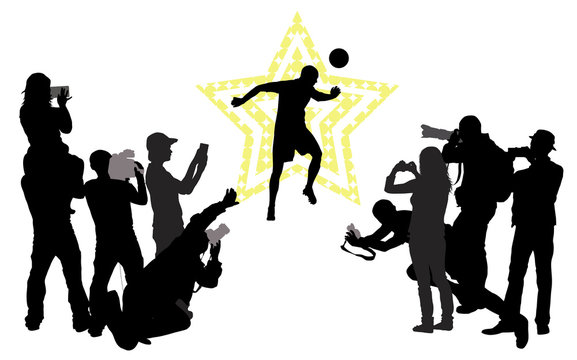 Soccer player  and group of people with camera.Vector silhouette