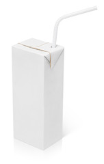 200 ml milk or juice carton package with straw isolated on white