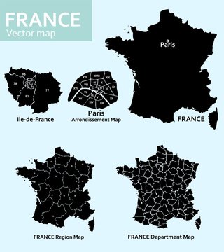 Maps of France with departments and regions and Paris