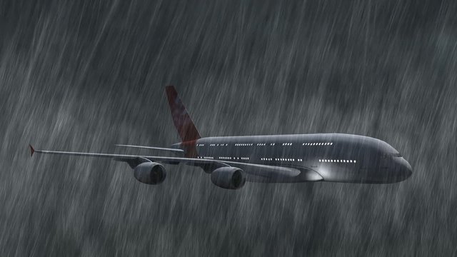 Airplane Airbus A380 flight at night in storm  and rain