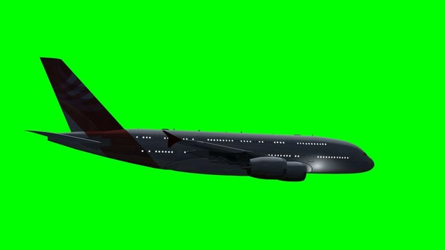 Airplane Airbus A380 flight at night - green screen