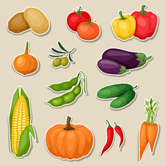 Sticker icon set of fresh ripe stylized vegetables.