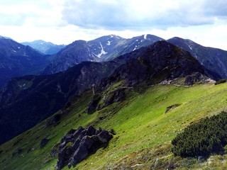 Blue and green mountains