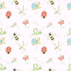Seamless vector background with cartoon insects.