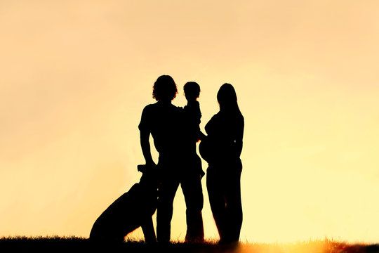 Silhouette of Family with Dog and Pregnant Mother at Sunset