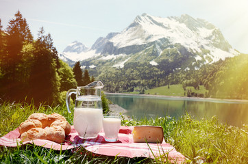 Milk, cheese and bread served at a picnic on Alpine meadow, Swit