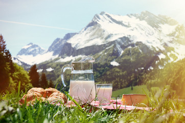 Milk, cheese and bread served at a picnic on Alpine meadow, Swit