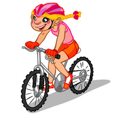 The illustration of a cartoon girl on a bicycle.