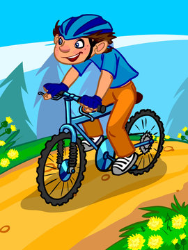 The illustration of a cartoon boy on a bicycle.