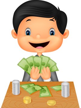 Cartoon boy counting the money