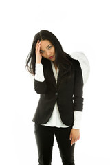 Stressed Asian young businesswoman dressed up as an angel