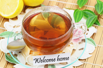 Welcome home card with cup of tea